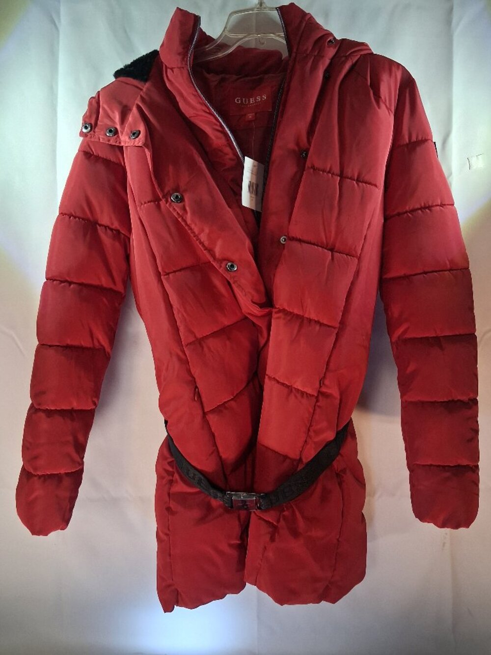 GUESS Los Angeles Red Quilted Hooded Belted Puffer Jacket Coat Size M